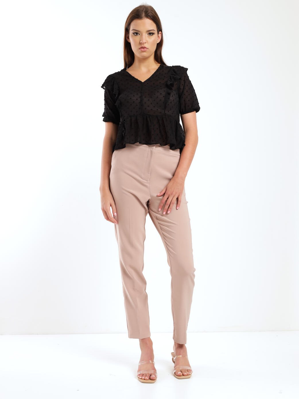 Ladies Short Sleeve Peplum Blouse - Black