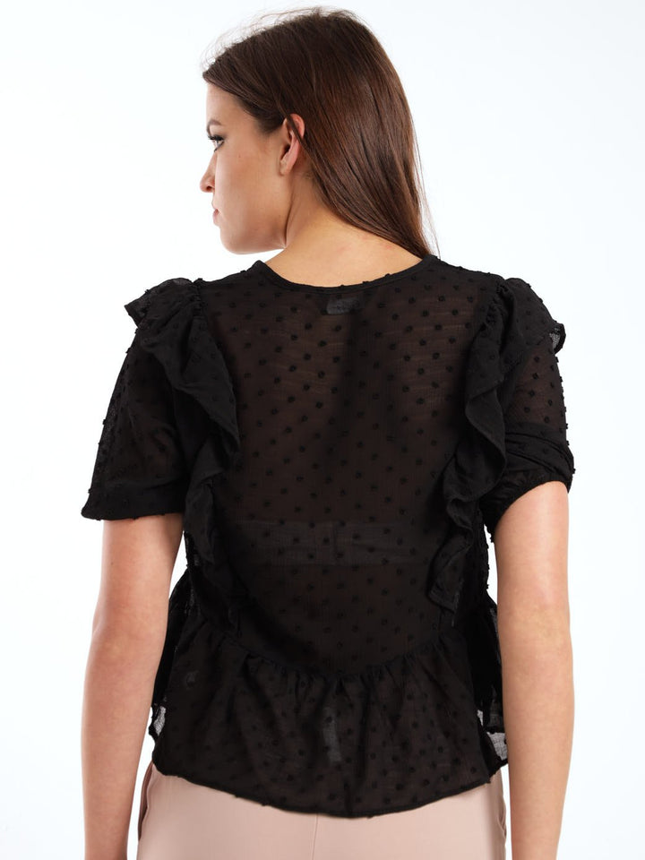 Ladies Short Sleeve Peplum Blouse - Black