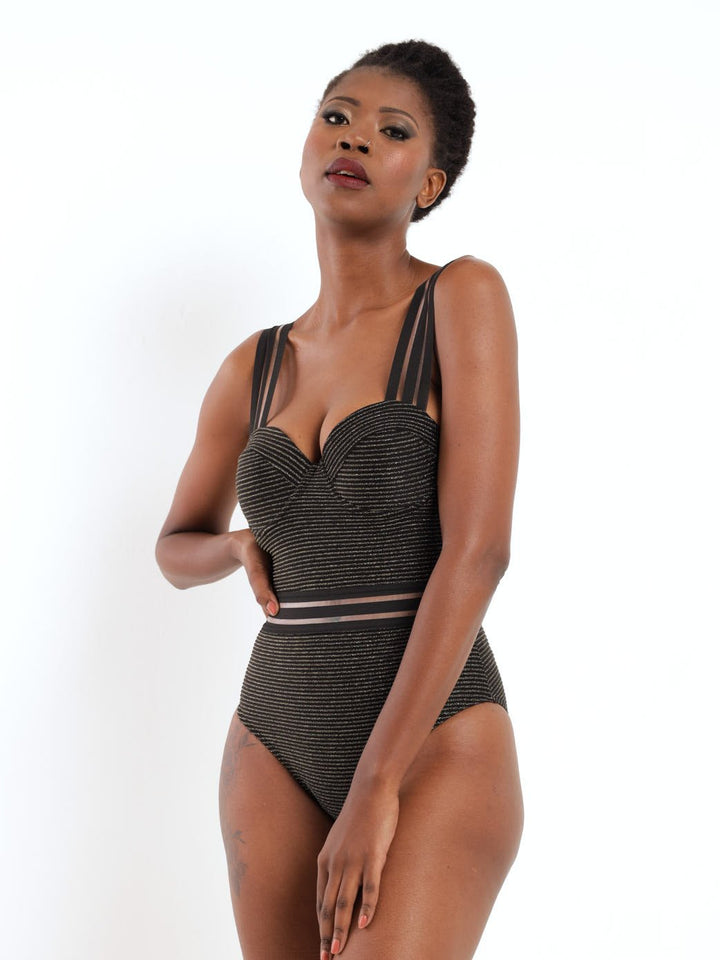 Ladies One Piece Ladder Rib Swimwear - Black