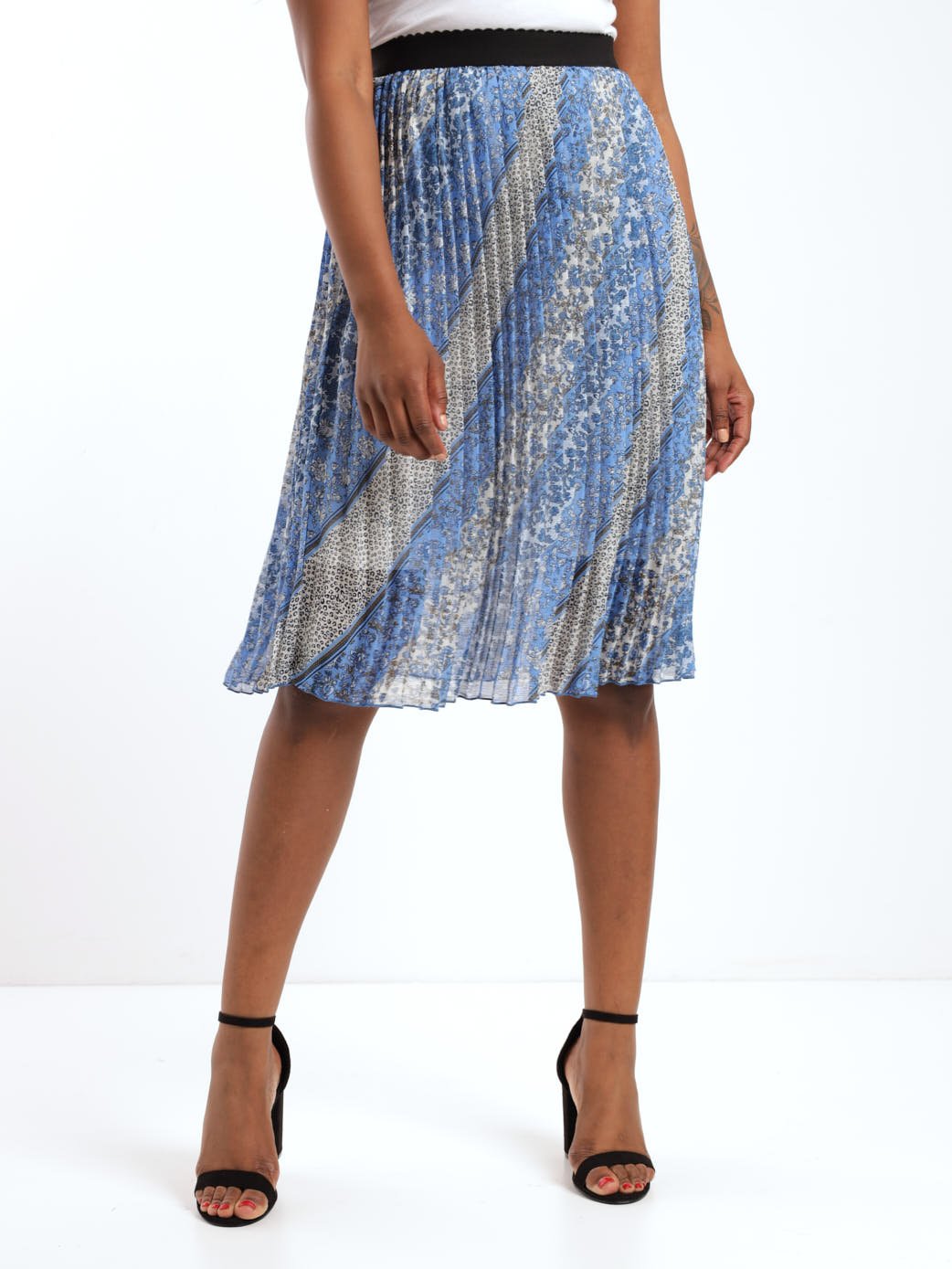 Ladies Pleated Patchwork Striped Skirt - Blue