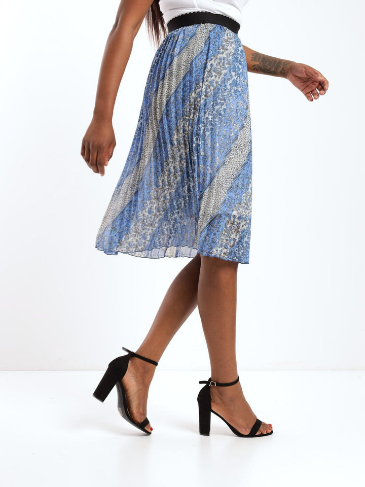 Ladies Pleated Patchwork Striped Skirt - Blue