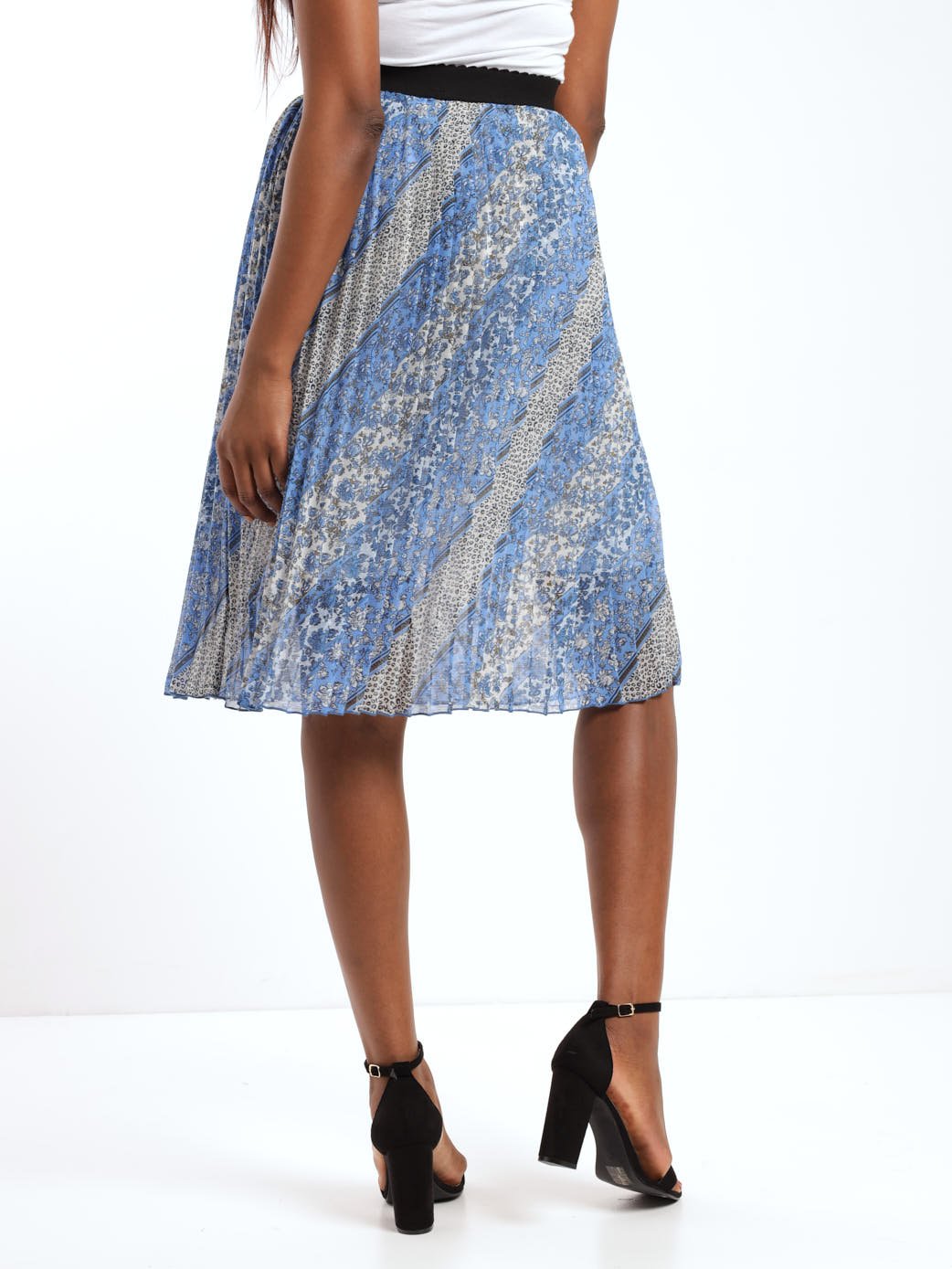Ladies Pleated Patchwork Striped Skirt - Blue