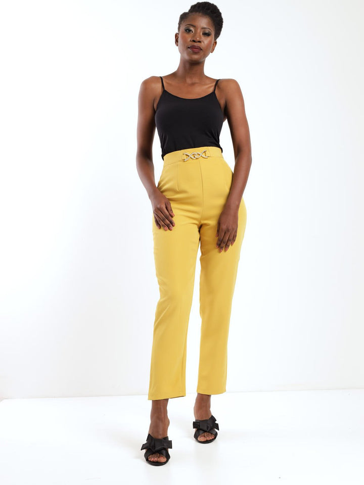 Ladies Trim Waist Detailed Pant - Chartreuse