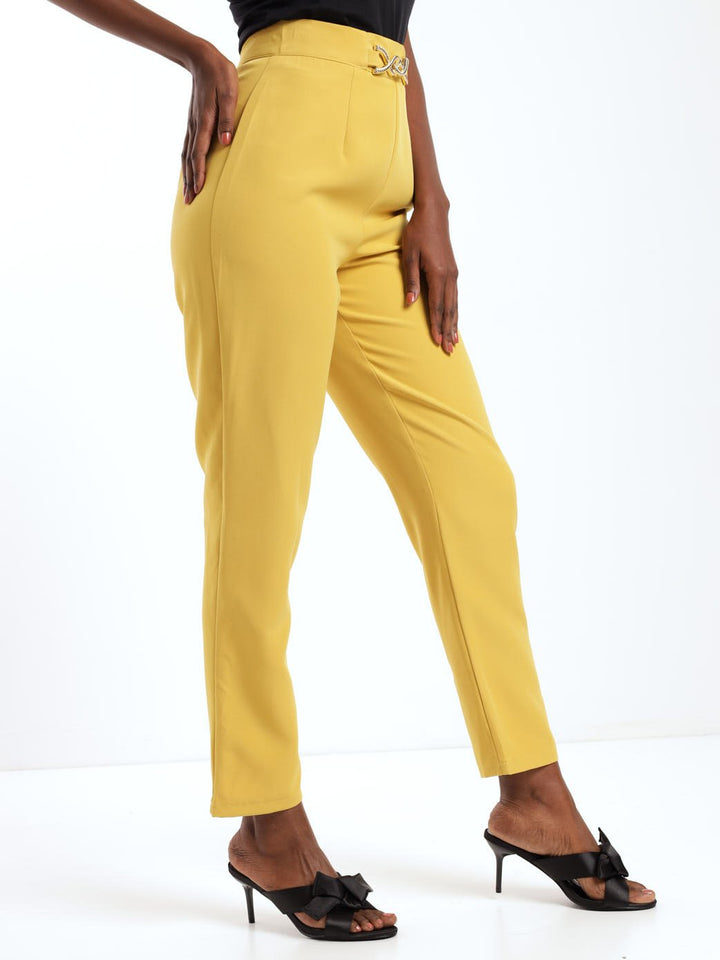 Ladies Trim Waist Detailed Pant - Chartreuse