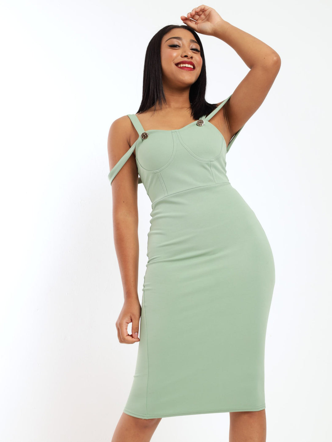 Ladies Bodycon Dress With Stud Detail - Sage