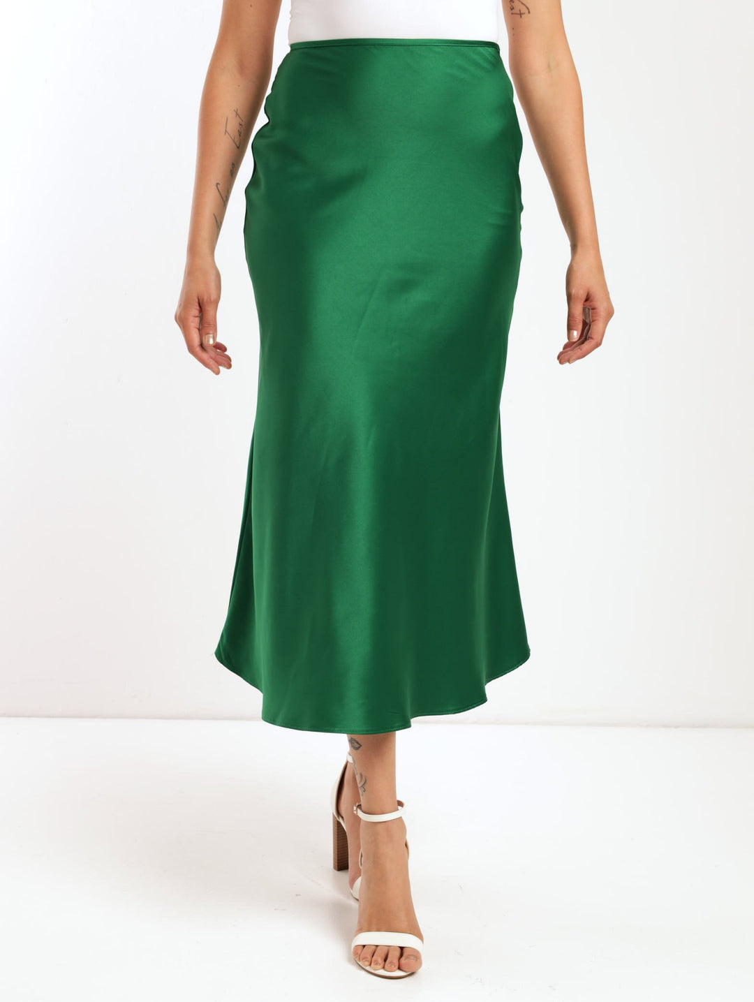 Ladies Satin Slip Midi Skirt - Emerald