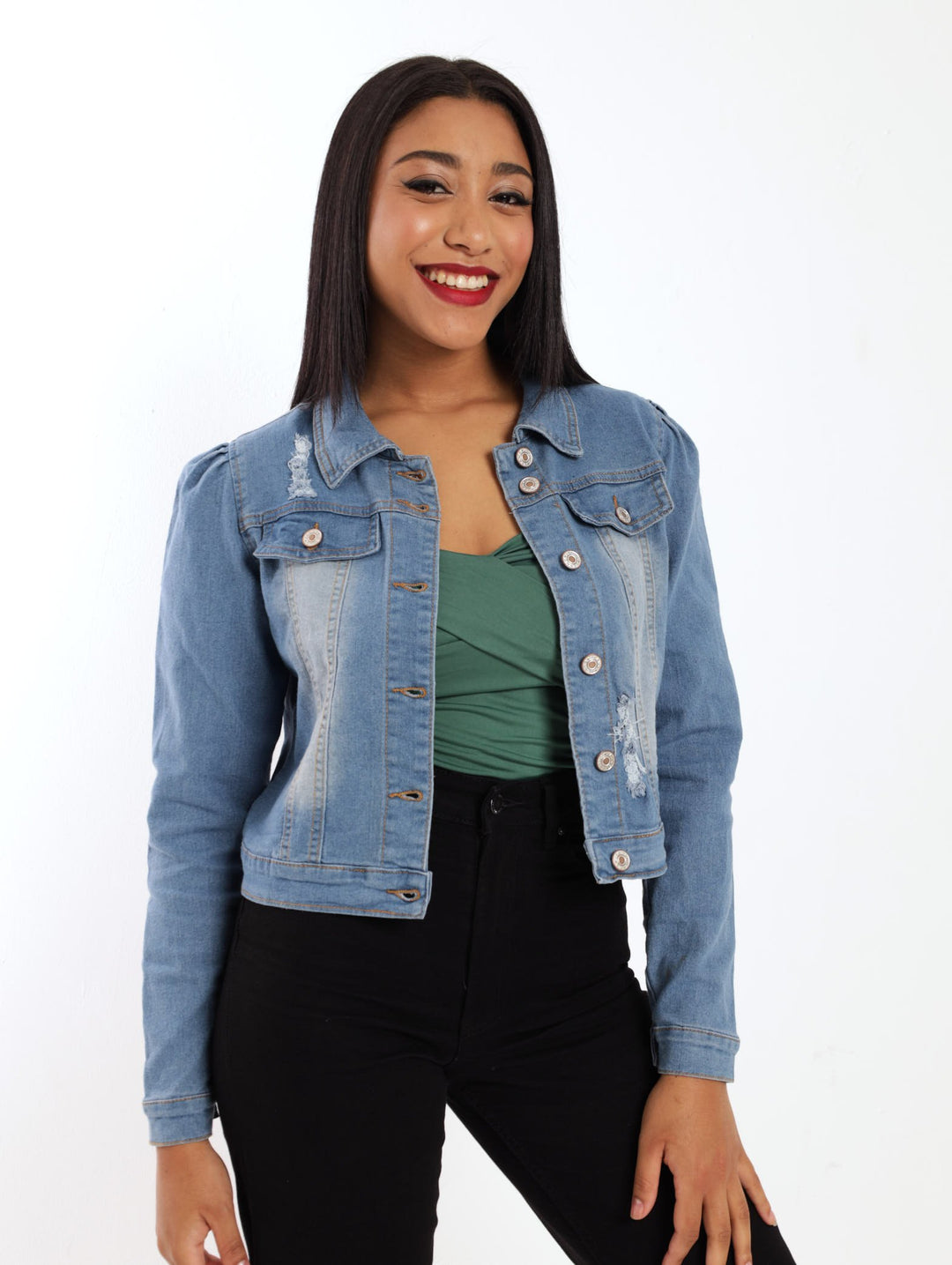 Ladies Puff Sleeve Denim Jacket - Mid Denim