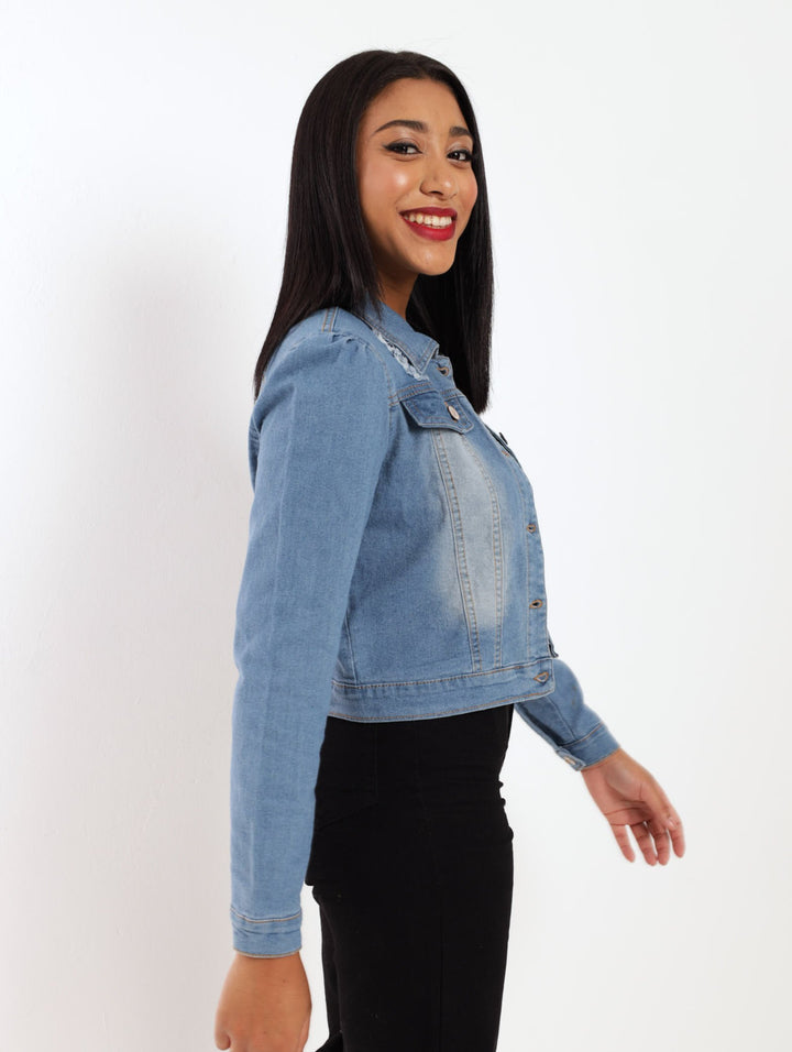 Ladies Puff Sleeve Denim Jacket - Mid Denim