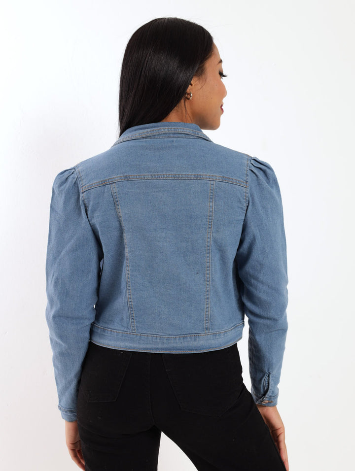 Ladies Puff Sleeve Denim Jacket - Mid Denim
