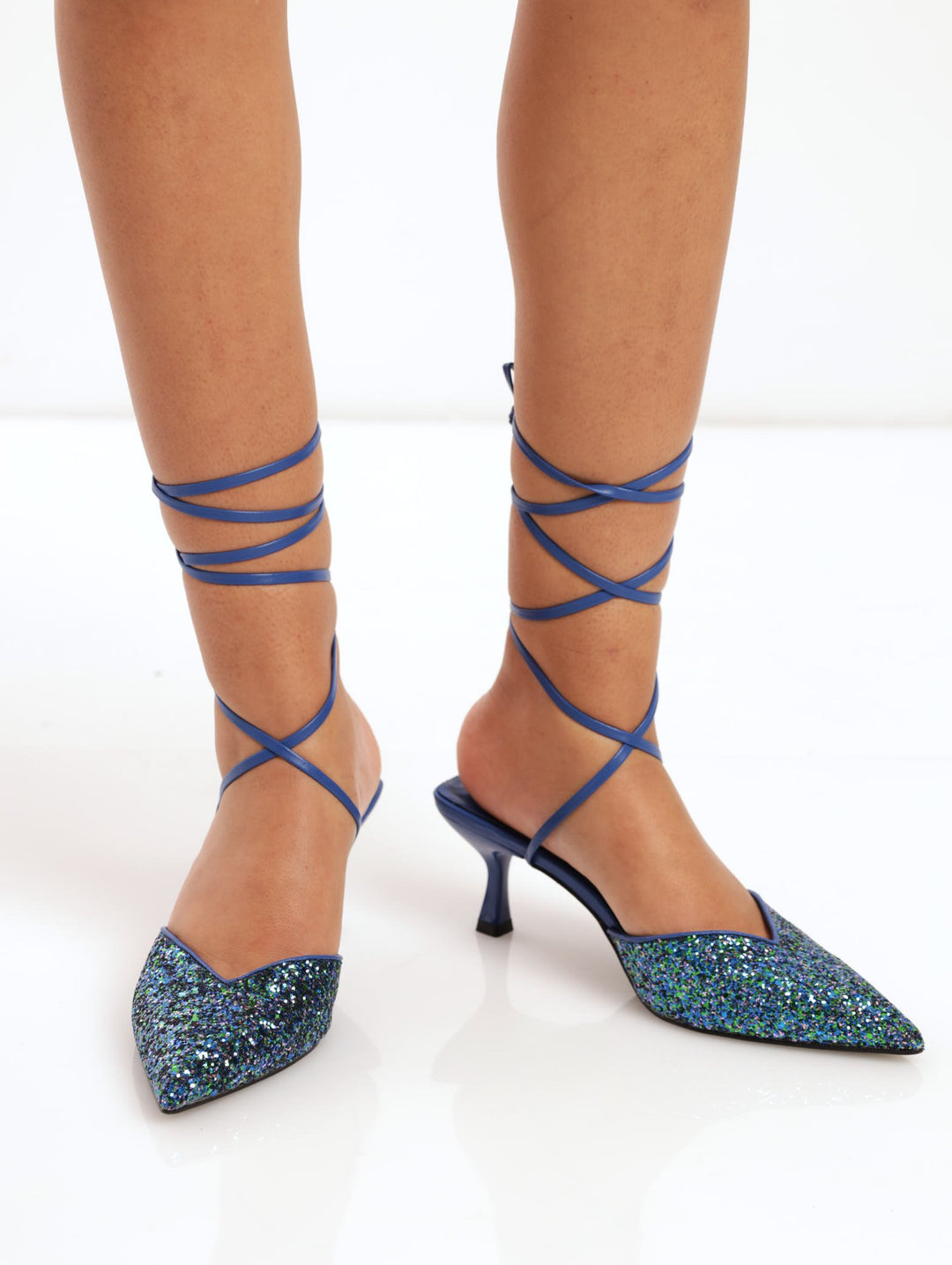 Ladies Glitter Kitten Heel Court Shoe With Ankle Tie - Blue