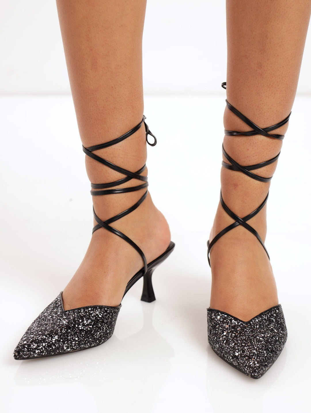 Ladies Glitter Kitten Heel Court Shoe With Ankle Tie - Black