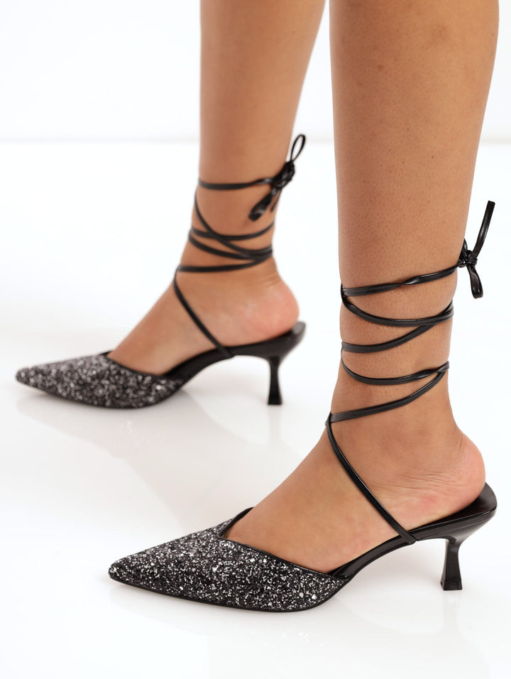 Ladies Glitter Kitten Heel Court Shoe With Ankle Tie - Black
