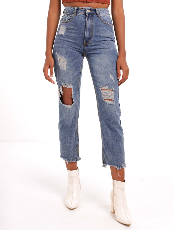 Ladies Straight Leg Abraised Jean - Stonewash