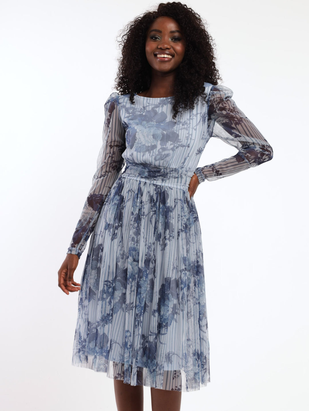 Ladies Long Sleeve Rouged Waist Printed Prom Dress - Blue