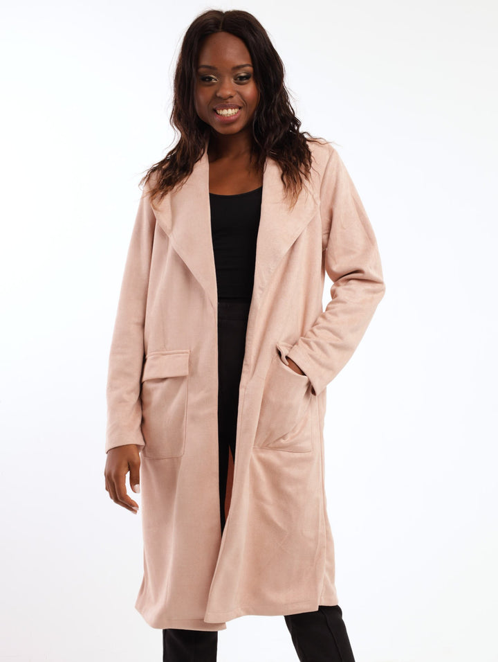 Ladies Suede Cargo Duster Jacket - Pink