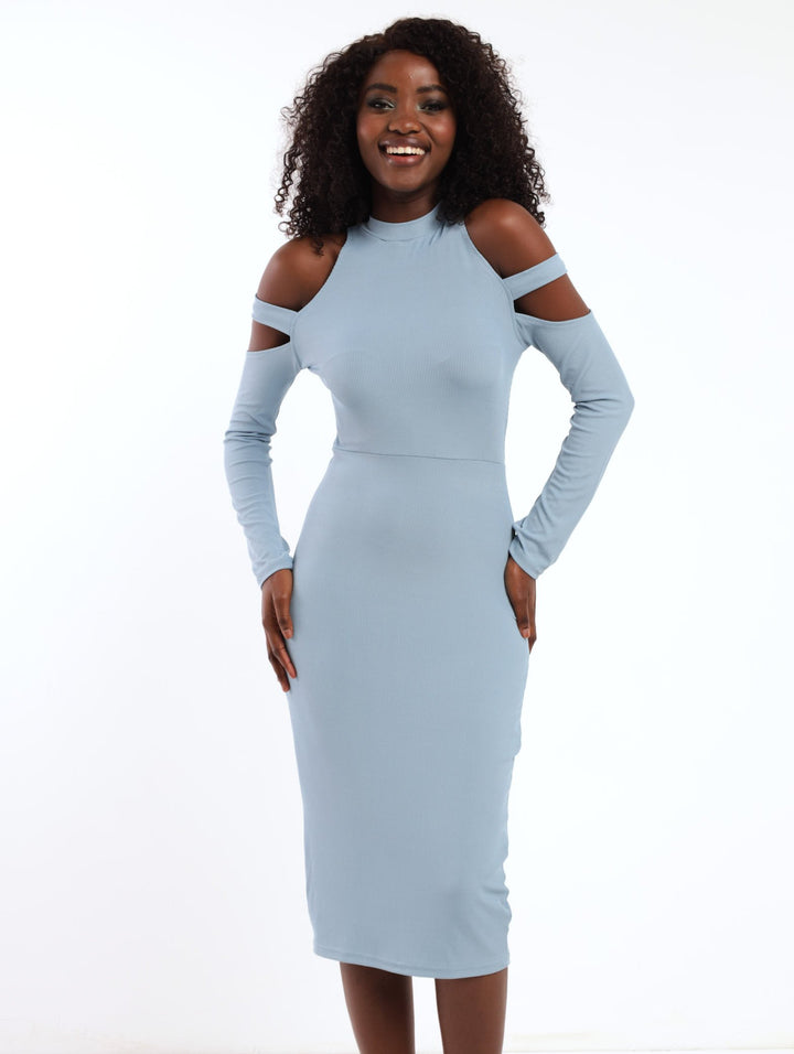 Ladies High Neck Cold Shoulder Bodycon Dress - Blue