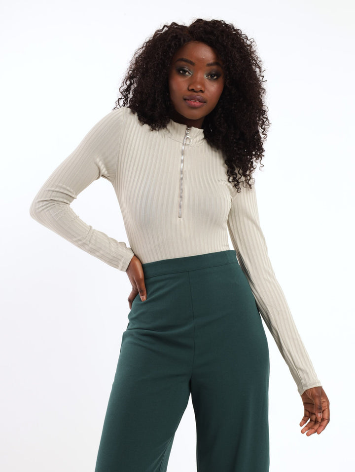 Ladies Long Sleeve Zip Front Bodysuit - Grey