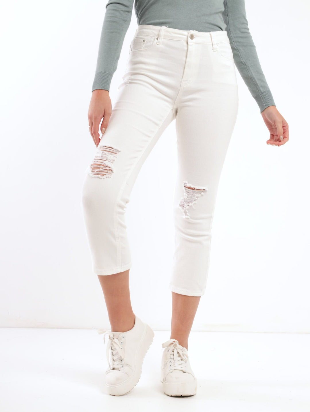 Ladies White Abraised Straight Leg Denim Jean
