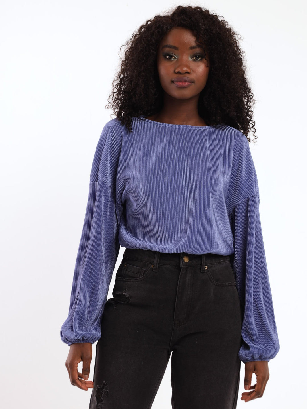 Ladies Long Sleeve Elastic Waist Top - Blue
