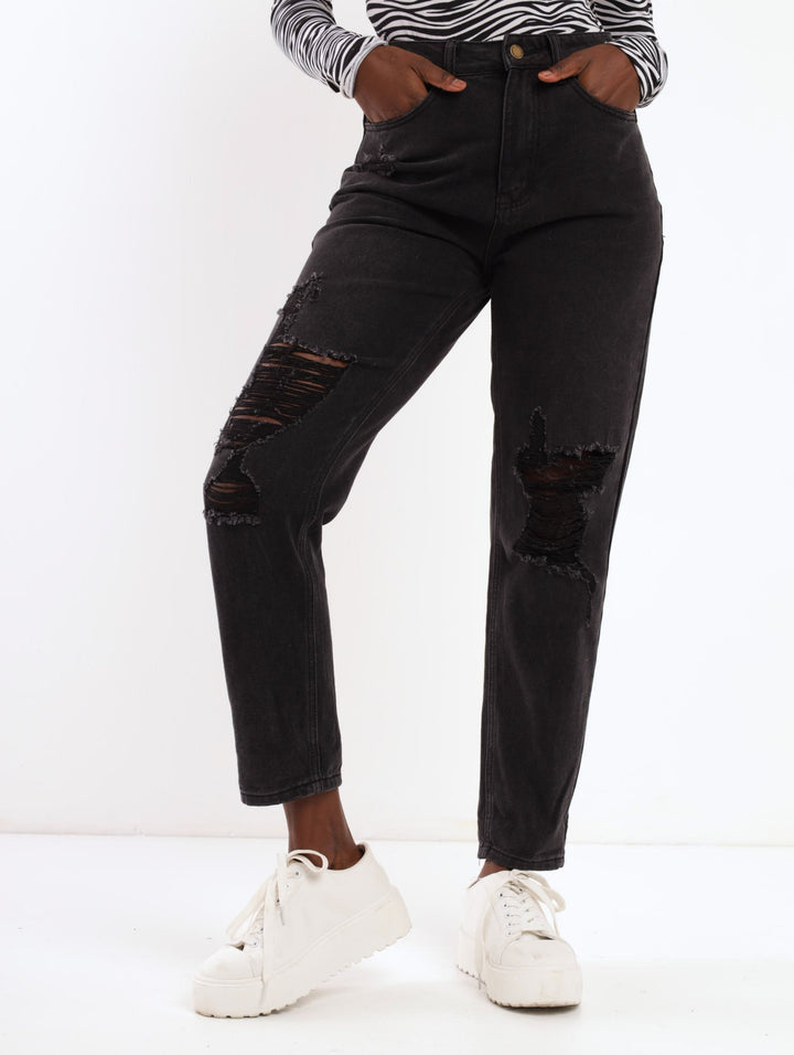 Ladies Mid Abraised Mom Jean - Black