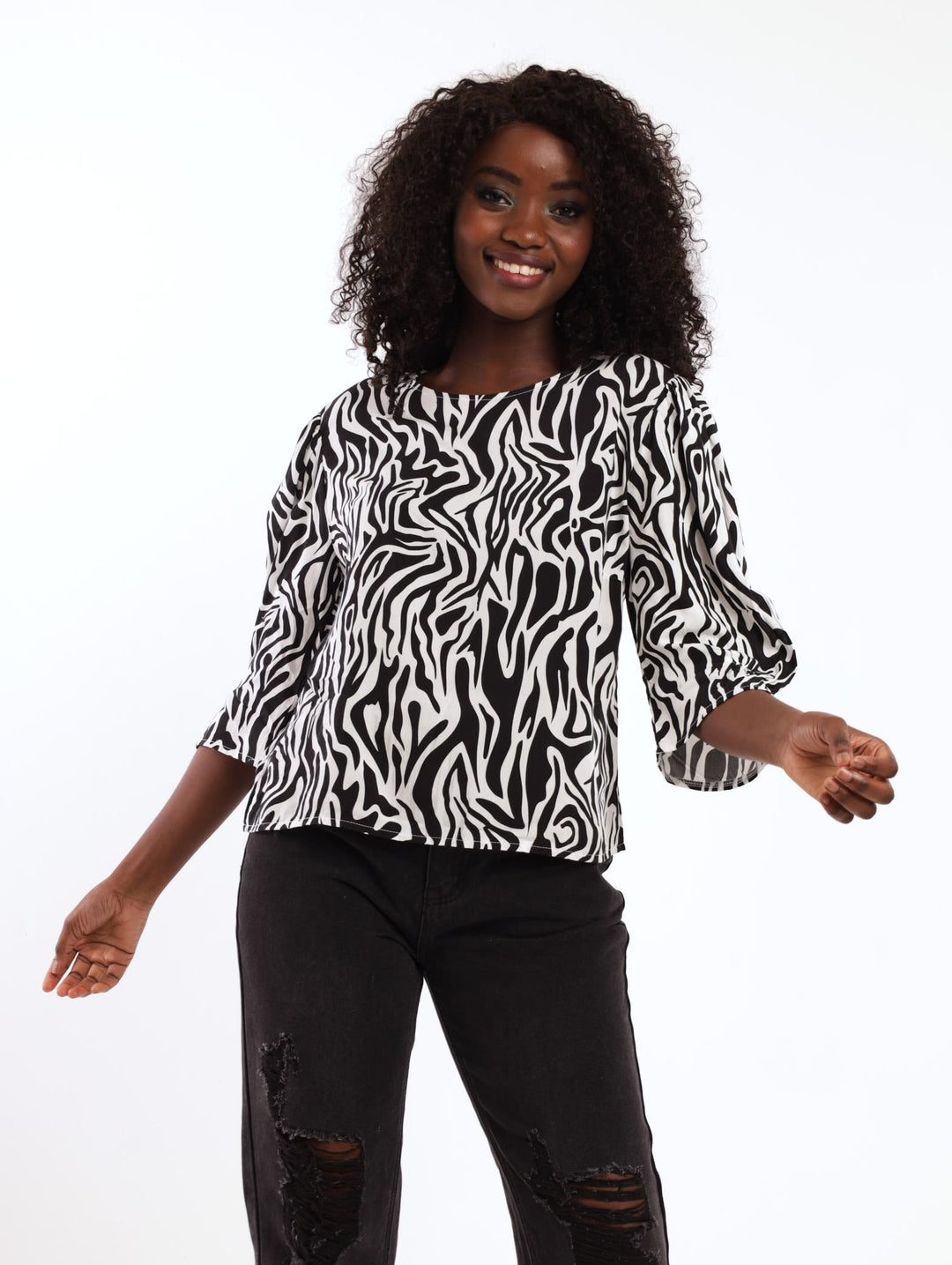 Ladies Gauged Sleeve Blouse - White/Black