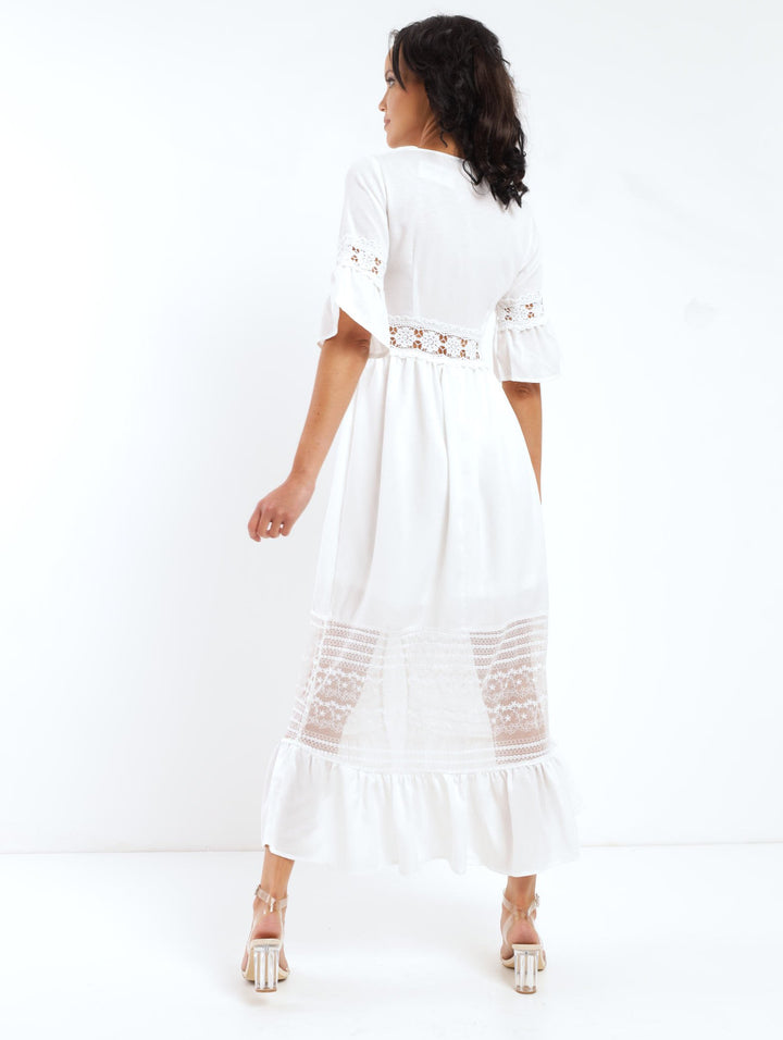Ladies Lace Inset Button Through Maxi Dress - White