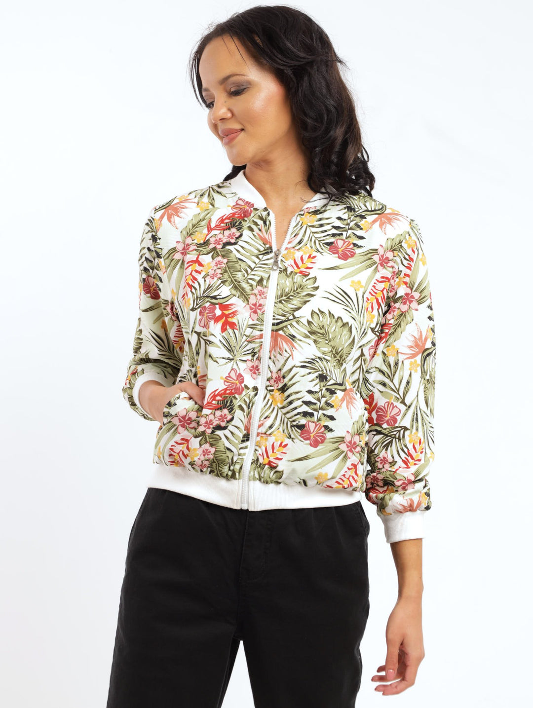 Ladies Long Sleeve Floral Bomber Jacket