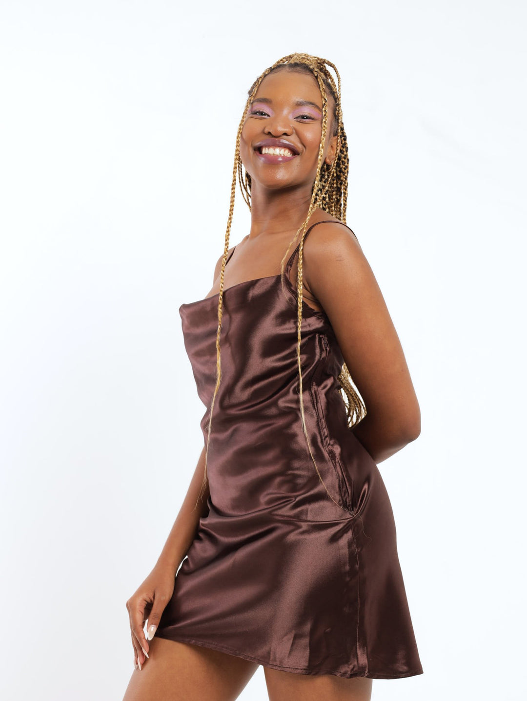 Ladies Cowl Neck Satin Slip Dress - Brown