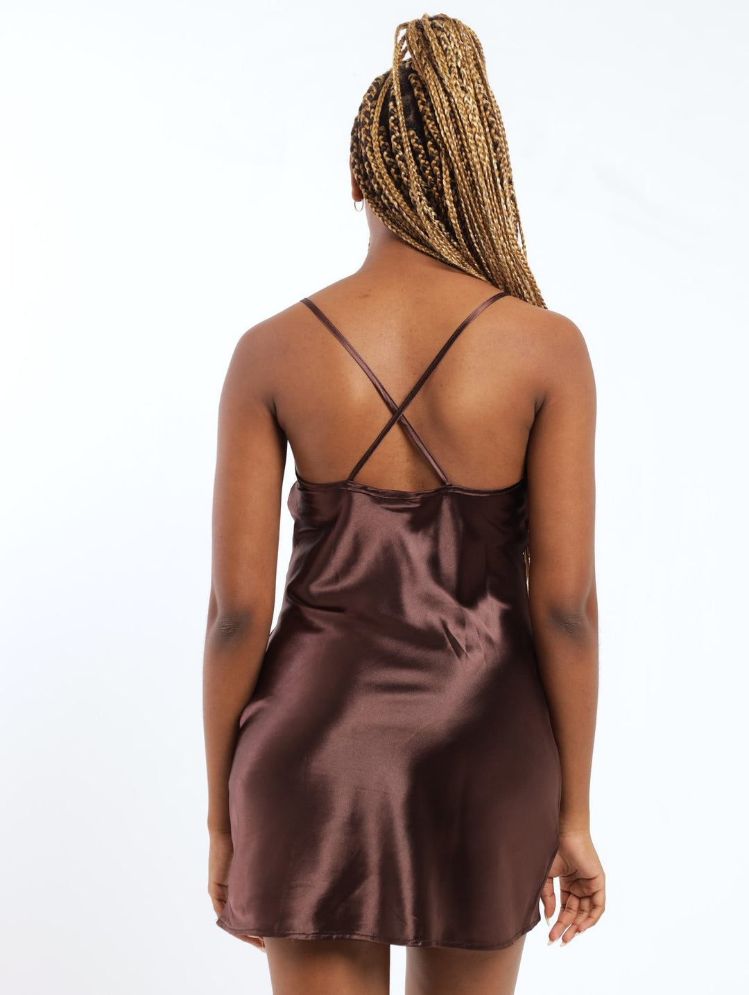 Ladies Cowl Neck Satin Slip Dress - Brown