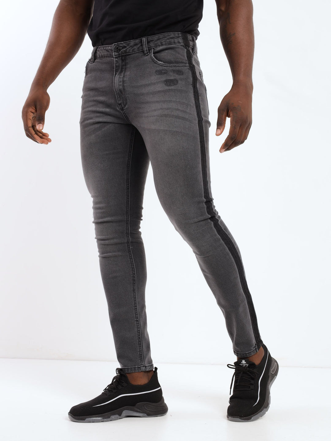 Men's Grey Slightly Abraised Side Stripe Super Skinny Denim Jean