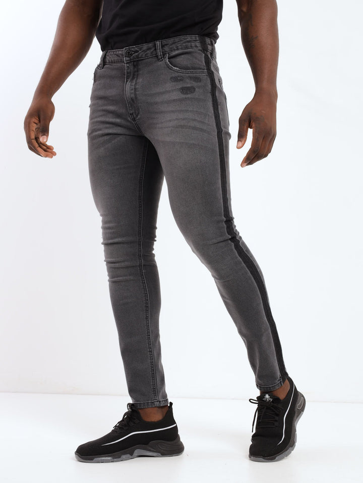 Men's Grey Slightly Abraised Side Stripe Super Skinny Denim Jean