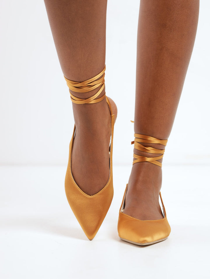 Ladies Satin Pointy Pump On Knock On Heel - Ochre
