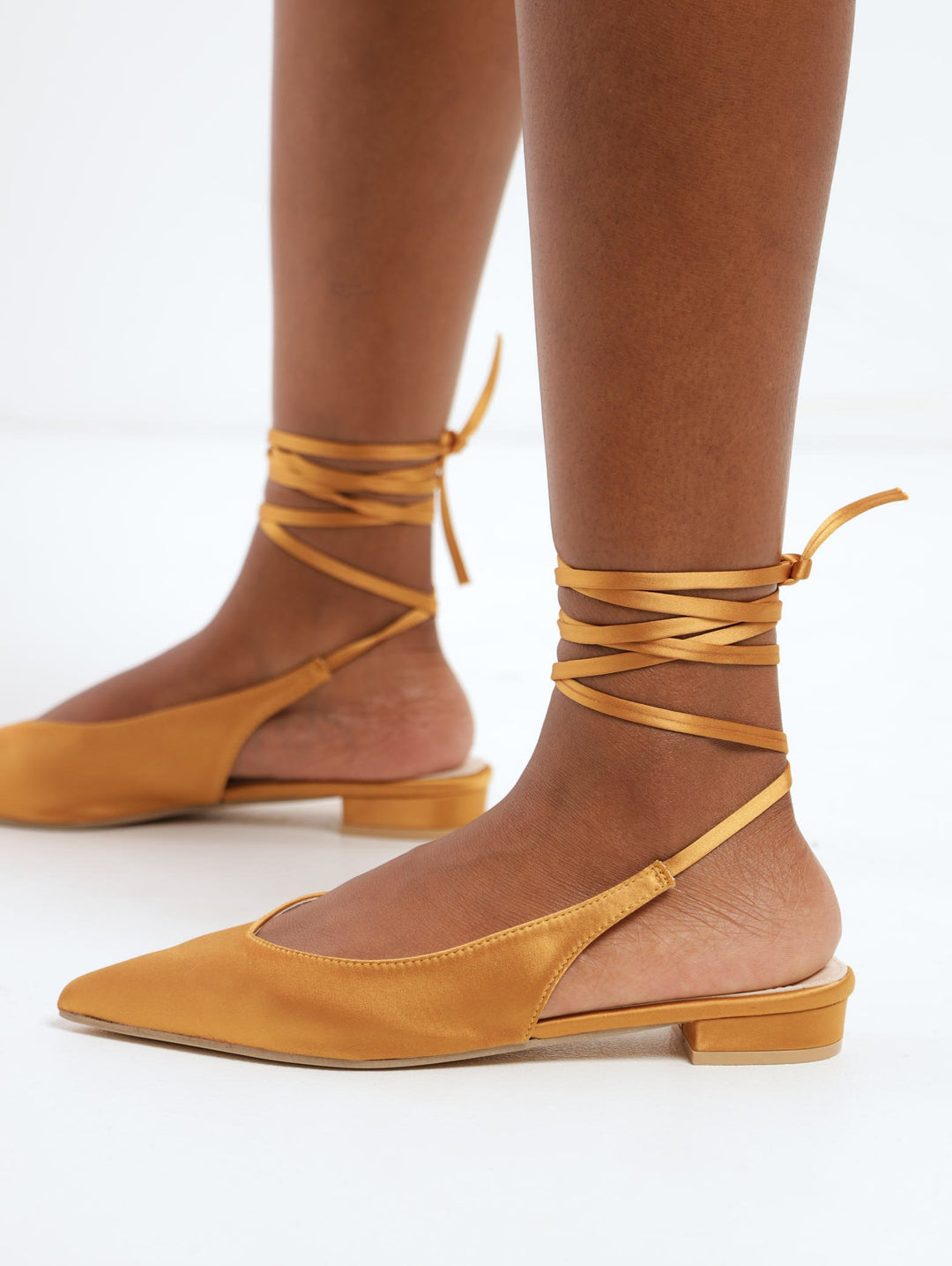 Ladies Satin Pointy Pump On Knock On Heel - Ochre