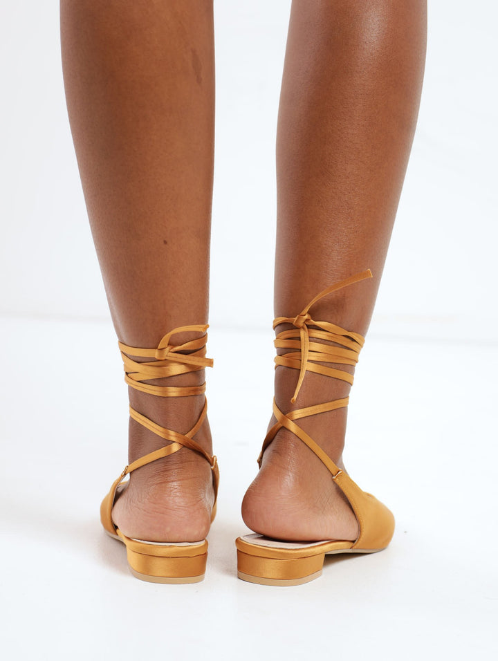 Ladies Satin Pointy Pump On Knock On Heel - Ochre