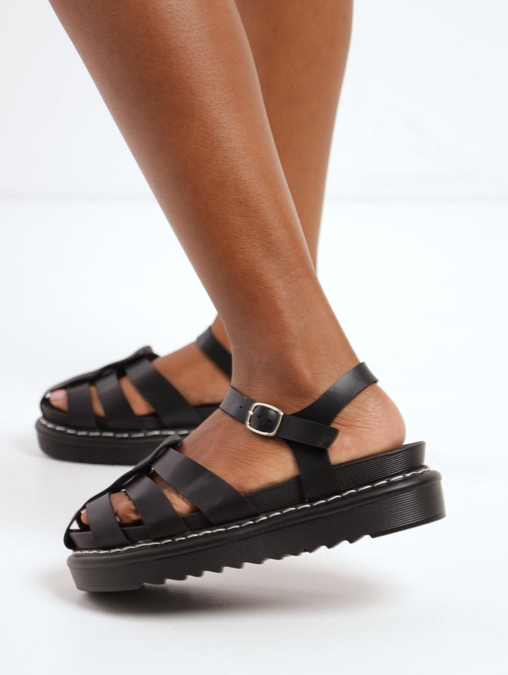 Ladies Chunky Flatform Fisherman Shoe - Black