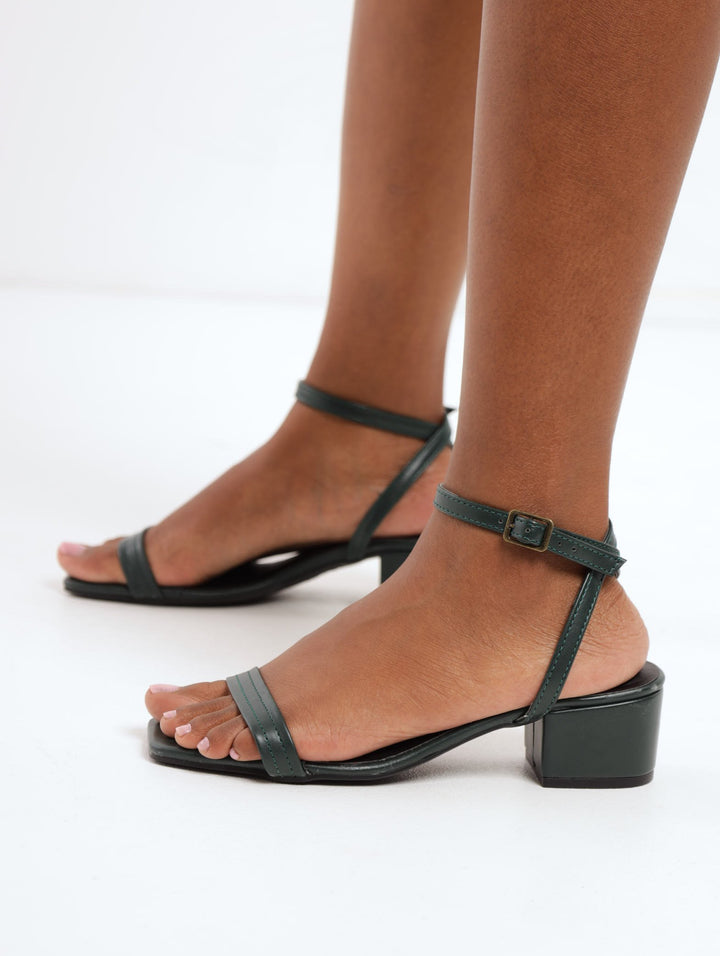 Ladies Dainty Strap PU Low Block Heel - Bottle Green