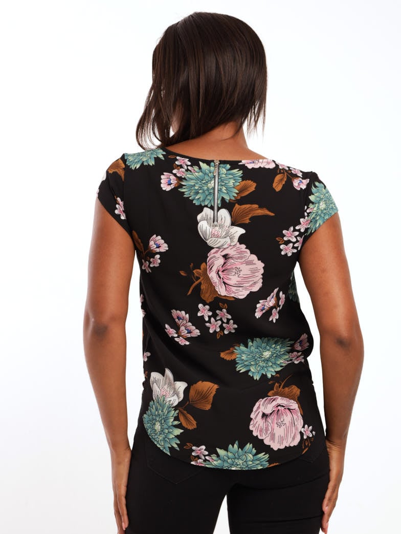 Ladies Zip Back Short Sleeve Floral Blouse - Black