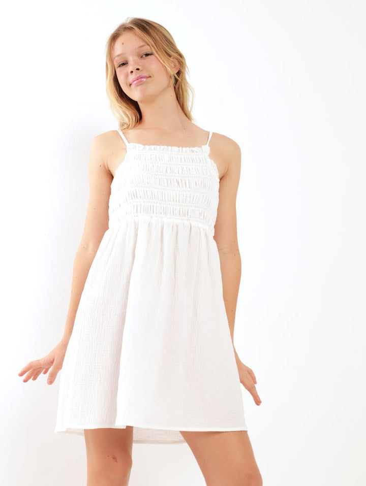 Girls Sheering Strappy Dress - White