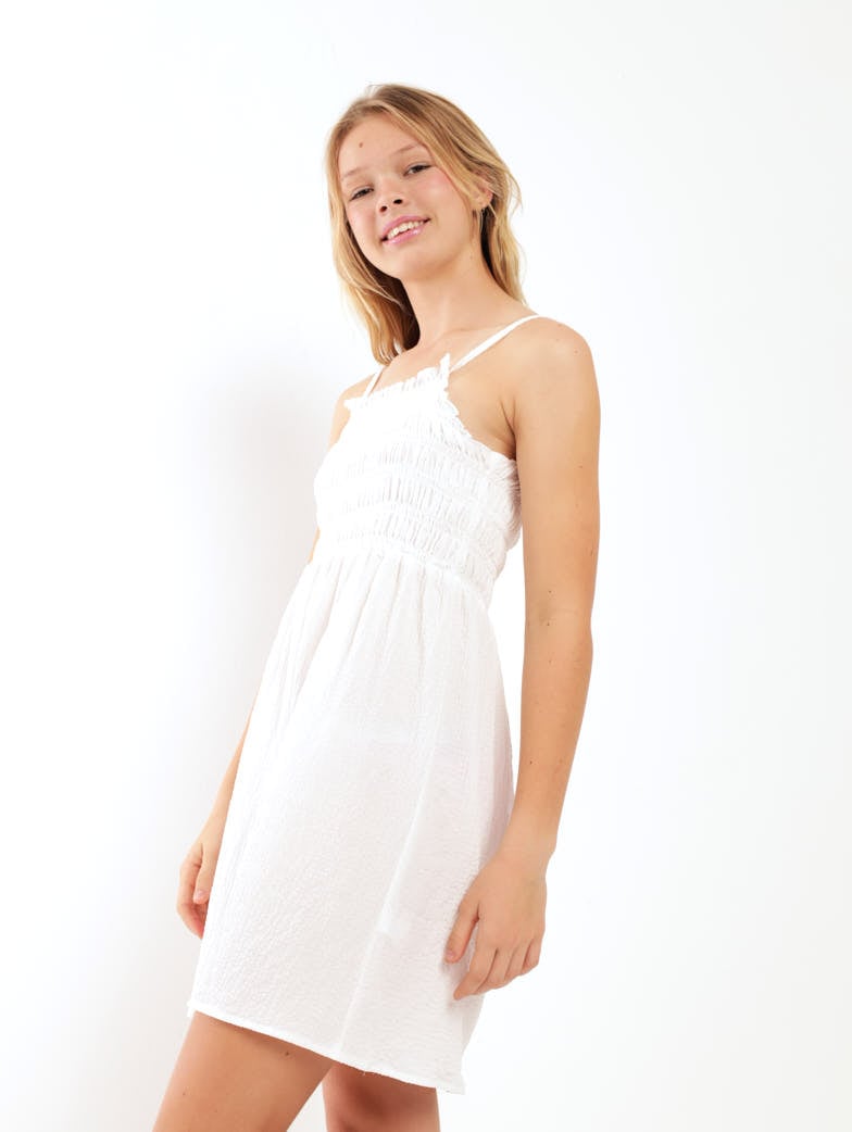 Girls Sheering Strappy Dress - White