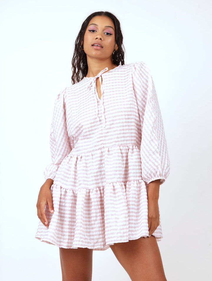 Ladies Long Sleeve Tiered Check Dress - Pink