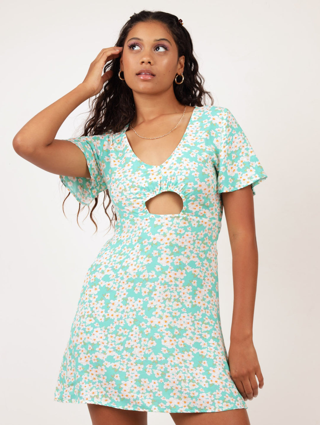 Ladies Flutter Sleeve Peep Hole Dress - Aqua
