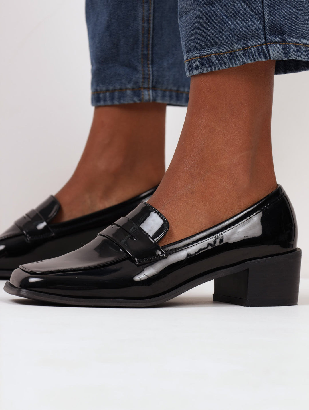 Ladies Sqaure Toe Block Heel Loafer - Black