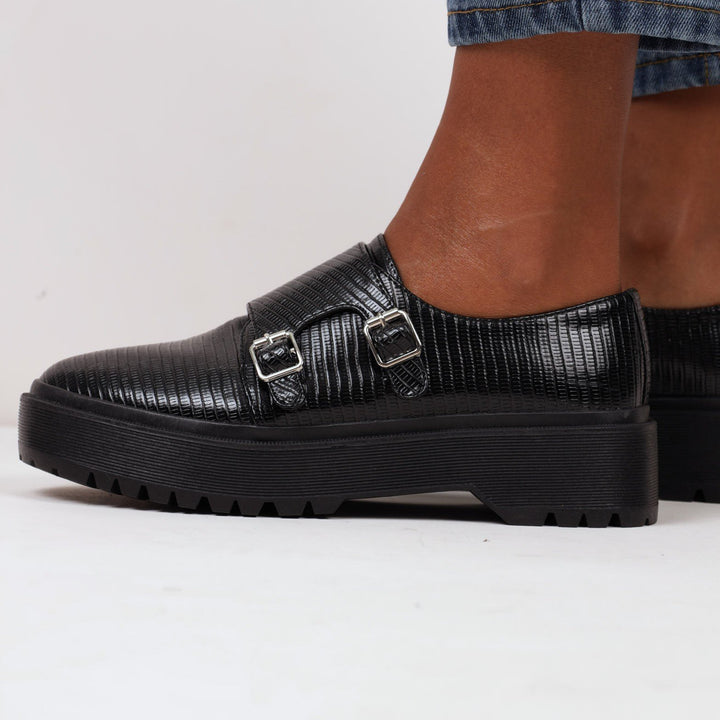 Ladies Double Buckle Monk Strap Man Shoe - Black