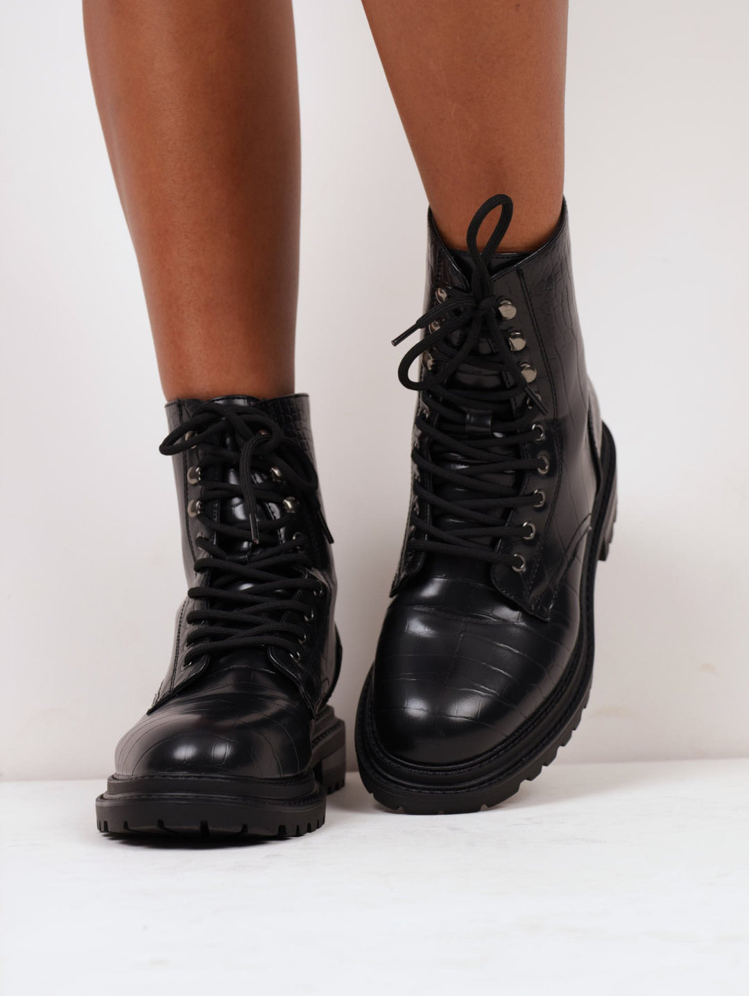 Ladies Square Toe Lace-Up Boot - Black