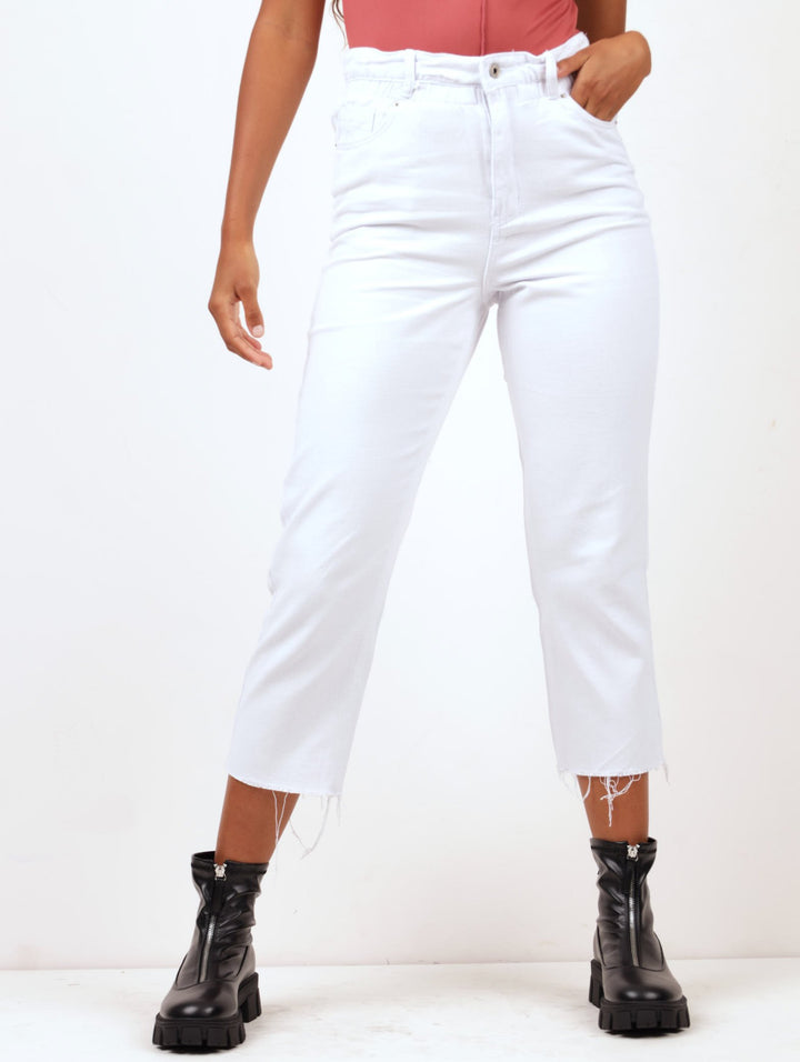 Ladies White High Rise Paperbag Denim Jean