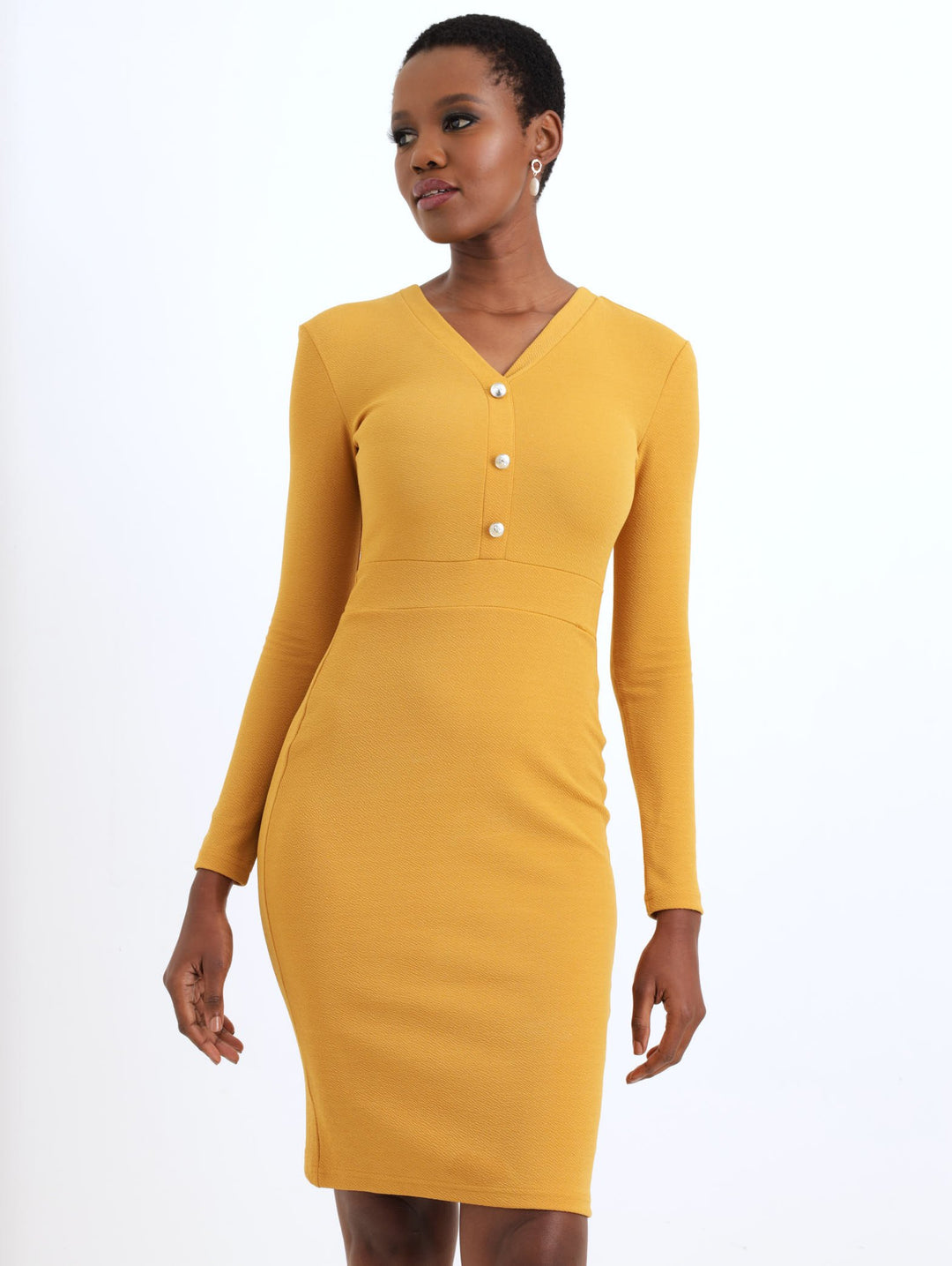 Ladies Ladies Button Front Detail Dress Mustard – Edgars