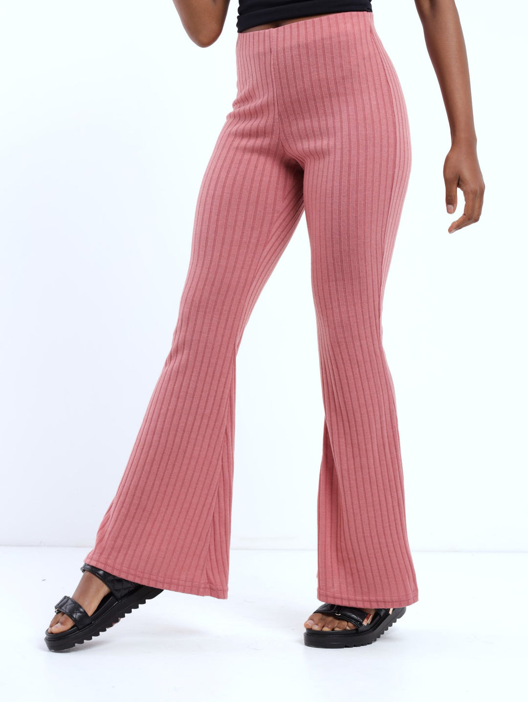 Ladies Hi-Waist Wide Rib Flare Pant - Rose