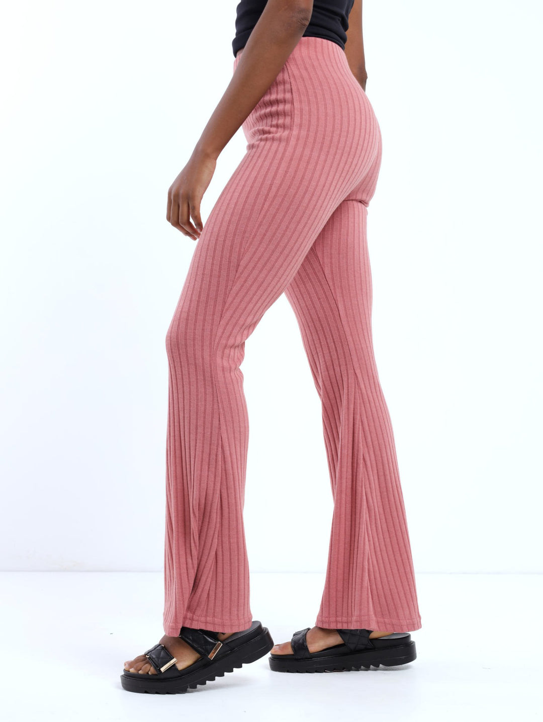 Ladies Hi-Waist Wide Rib Flare Pant - Rose