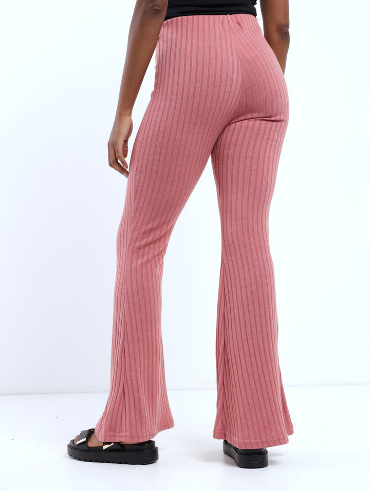 Ladies Hi-Waist Wide Rib Flare Pant - Rose