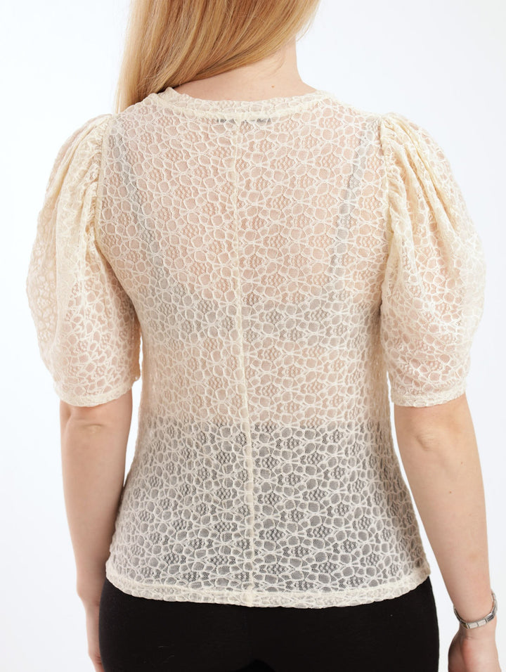 Ladies Short Sleeve Gathered Puff Lace Top - White